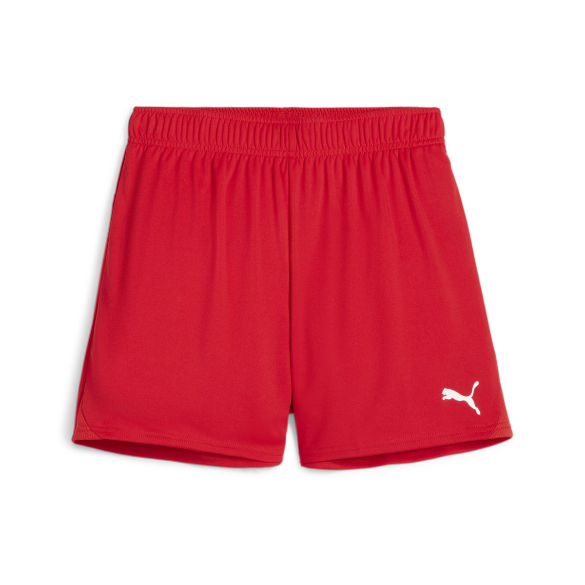 A pair of bright red Puma athletic shorts featuring an elastic waistband and a white Puma logo on the front right leg.