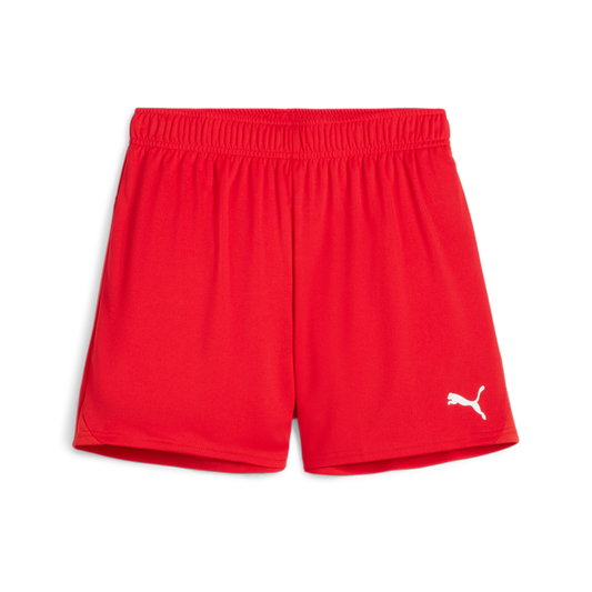 A pair of bright red Puma athletic shorts featuring an elastic waistband and a white Puma logo on the front right leg.
