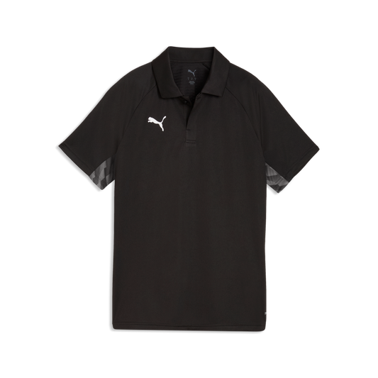 Black short-sleeved Puma polo shirt with a white logo on the chest and a grey geometric pattern on the sleeve cuffs.