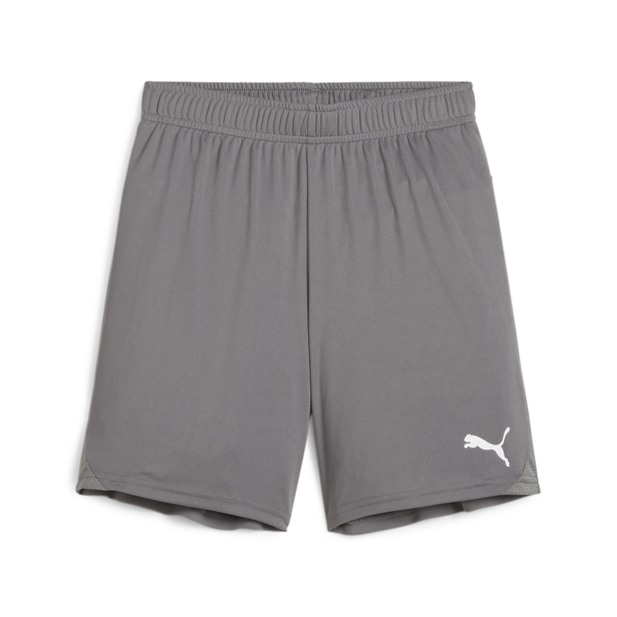 A pair of gray Puma athletic shorts with a white cat logo on the lower right leg, shown against a plain white background.
