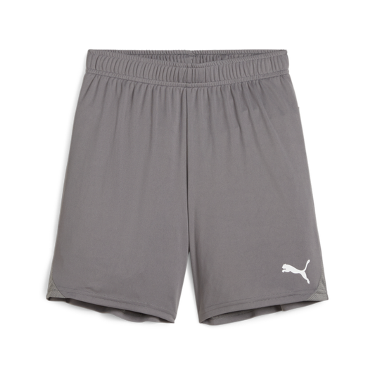 A pair of gray Puma athletic shorts with a white cat logo on the lower right leg, shown against a plain white background.