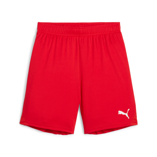 Bright red Puma athletic shorts with a white logo on the lower leg and an elastic waistband.