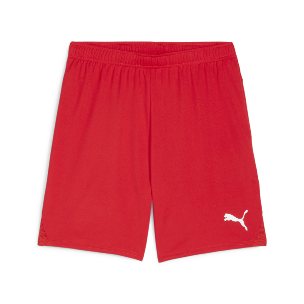 A pair of bright red Puma athletic shorts with an elastic waistband and a white Puma cat logo on the bottom right leg.