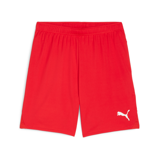 A pair of bright red Puma athletic shorts with an elastic waistband and a white Puma cat logo on the bottom right leg.