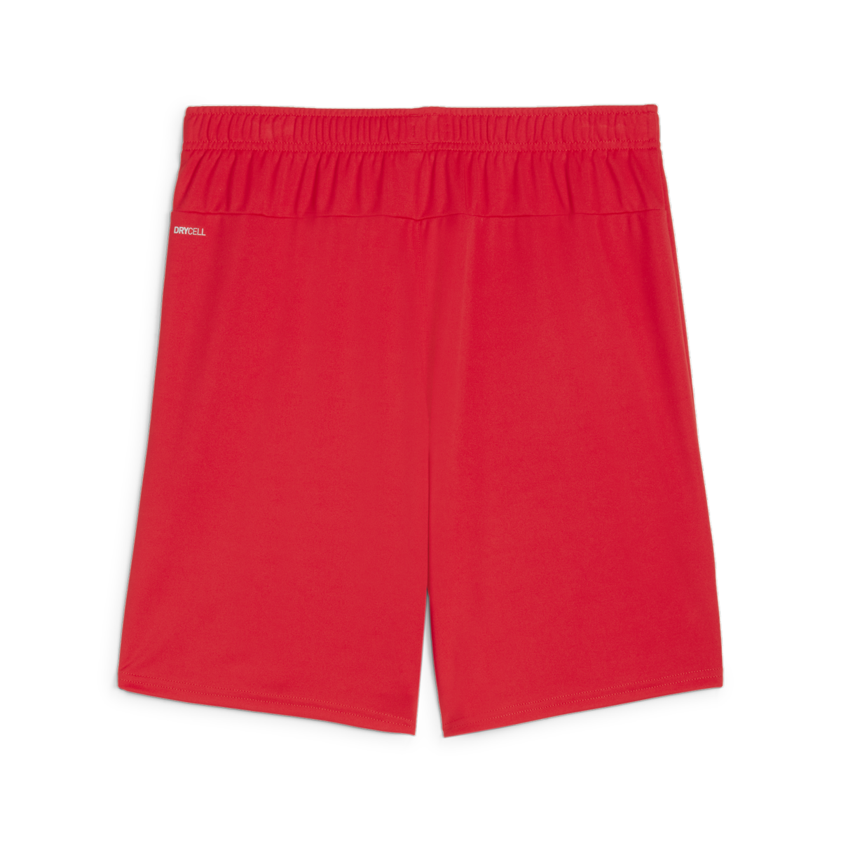 Back view of a pair of solid red athletic shorts with an elastic waistband and a small white "DRYCELL" logo on the upper left side.
