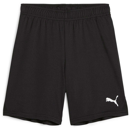 Black Puma athletic shorts with an elastic waistband and a white Puma logo on the lower left leg.