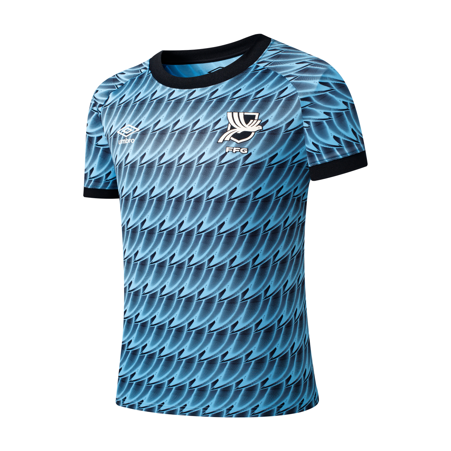 Light blue Umbro soccer jersey with a dark blue wing-like pattern, a white stylized bird crest labeled "FFG," and black trim on the collar and sleeves.