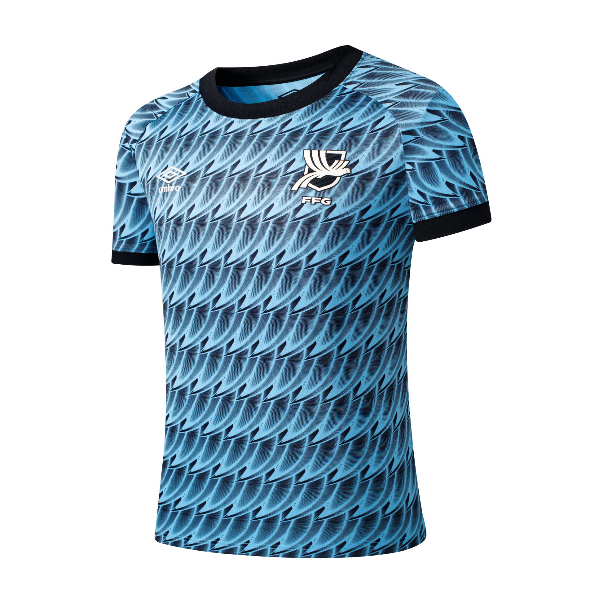 Light blue Umbro soccer jersey with a dark blue wing-like pattern, a white stylized bird crest labeled "FFG," and black trim on the collar and sleeves.