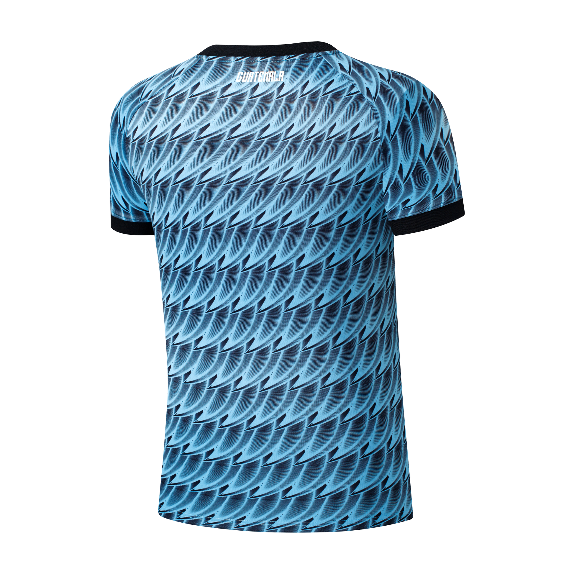 Back of a light blue soccer jersey with a repeating dark blue feather-like pattern. "GUATEMALA" is printed in white below the collar.