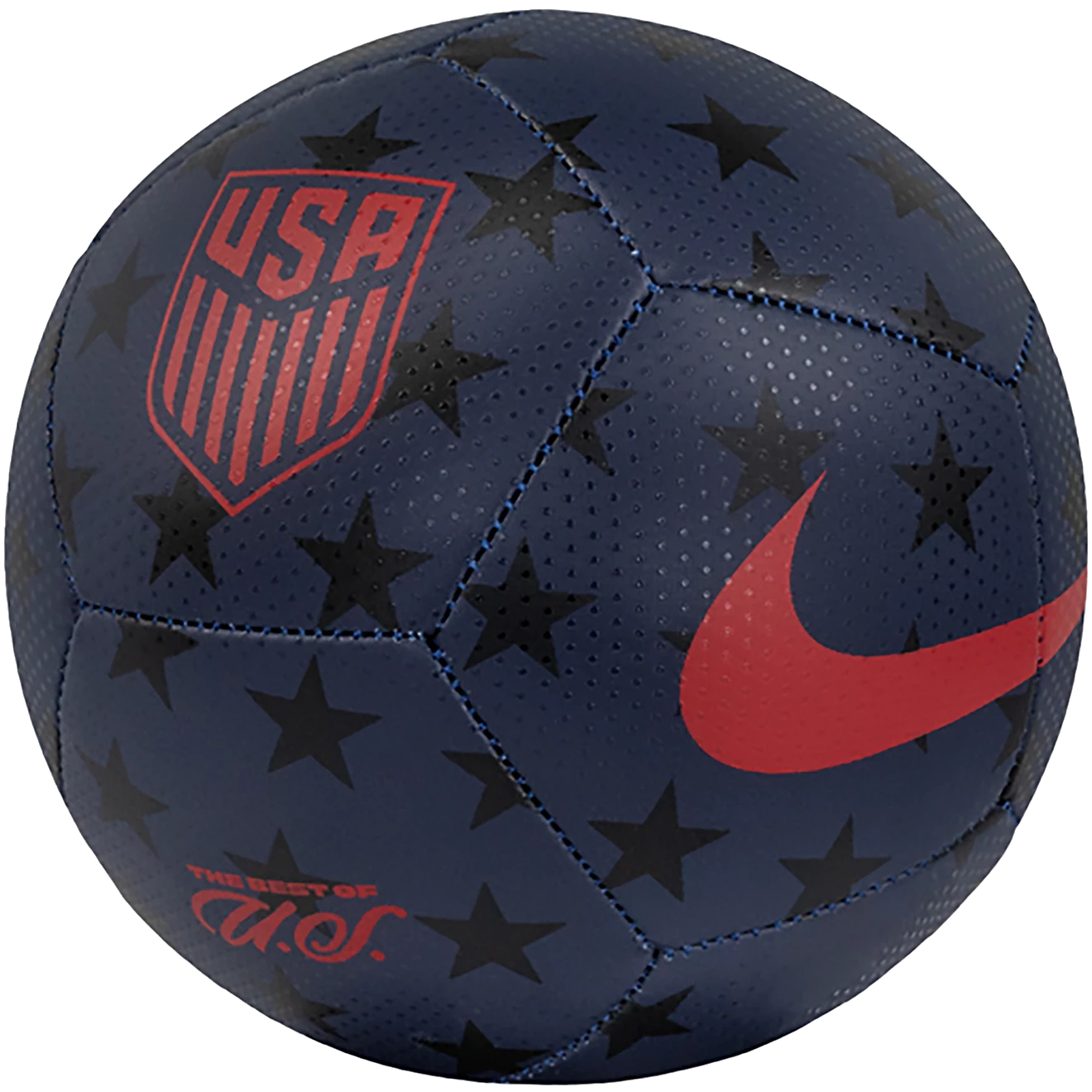 Dark blue soccer ball with black stars, a red USA crest, a large red Nike swoosh, and "THE BEST OF U.S." text. Dimpled texture with blue stitching.