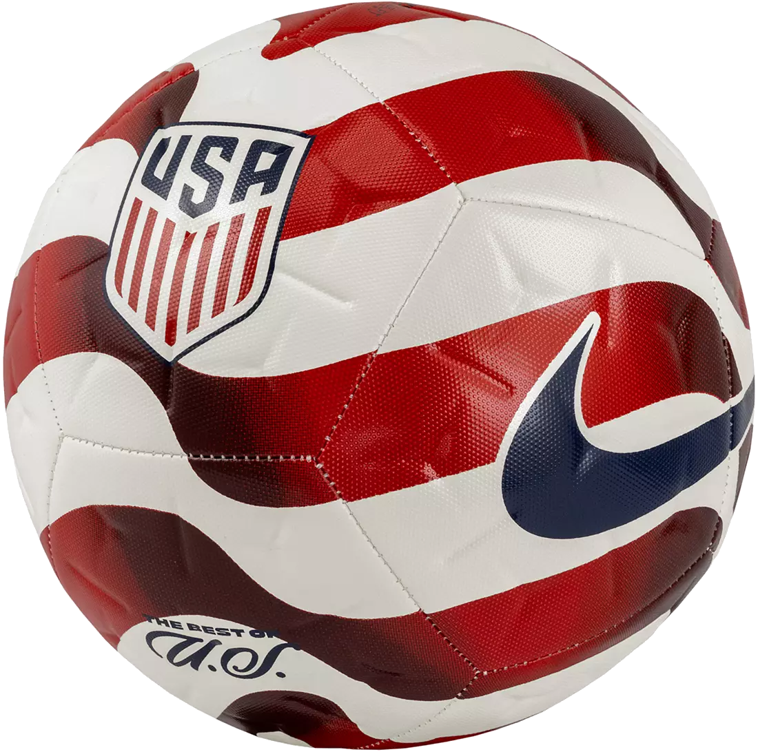 Red and white striped soccer ball featuring the U.S. Soccer shield logo, a blue Nike swoosh, and the text "THE BEST OF U.S."