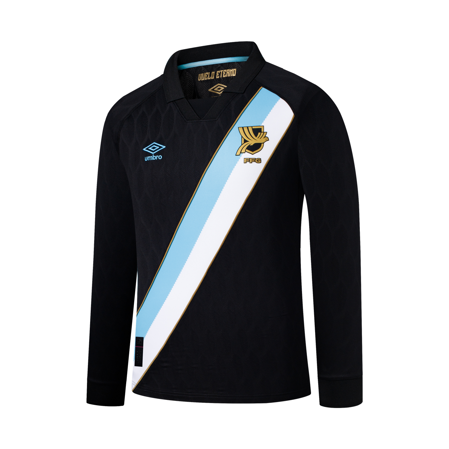 Black long-sleeve Umbro jersey with a diagonal light blue and white sash and gold team crest. The black fabric has a subtle textured pattern.