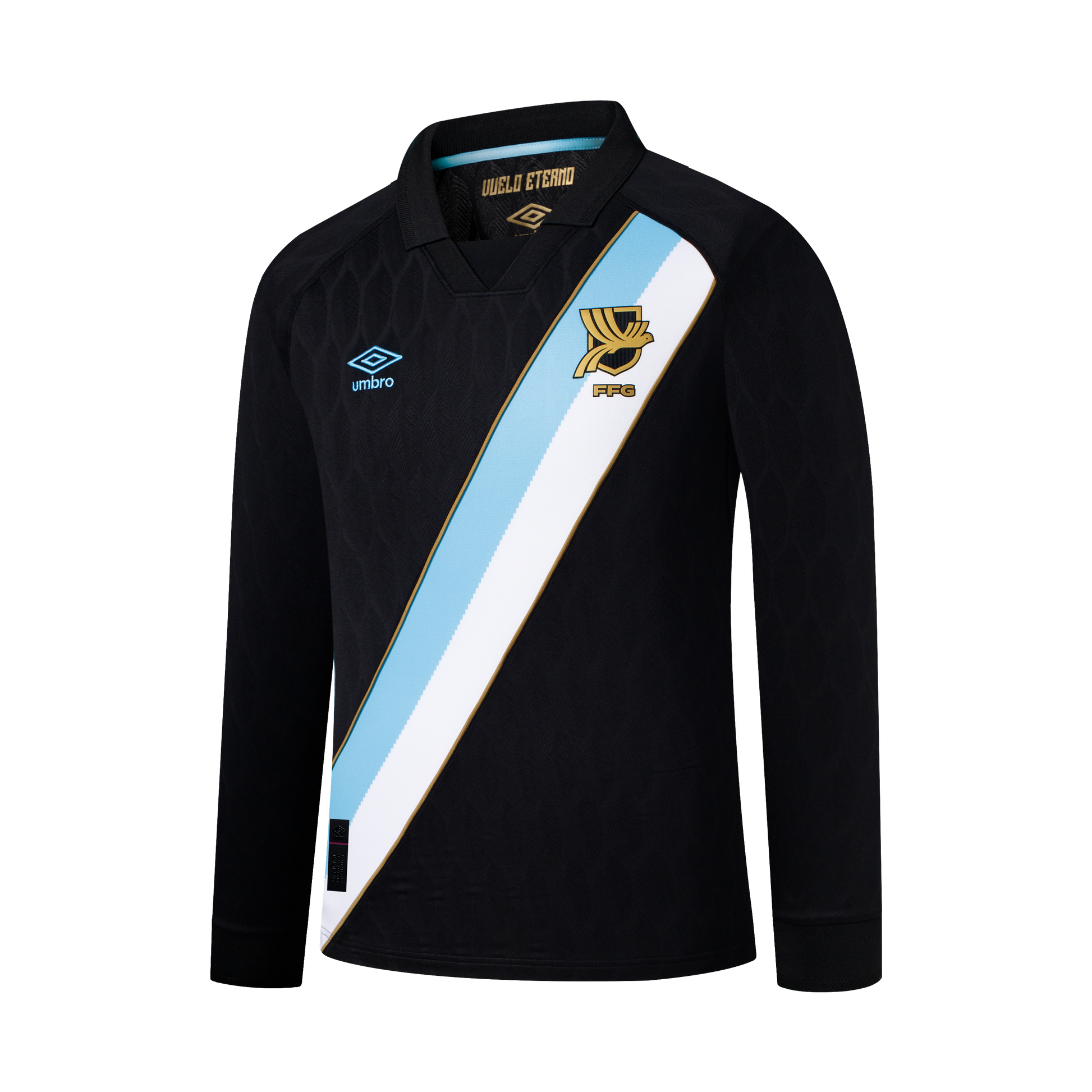 Black long-sleeve Umbro jersey with a diagonal light blue and white sash and gold team crest. The black fabric has a subtle textured pattern.