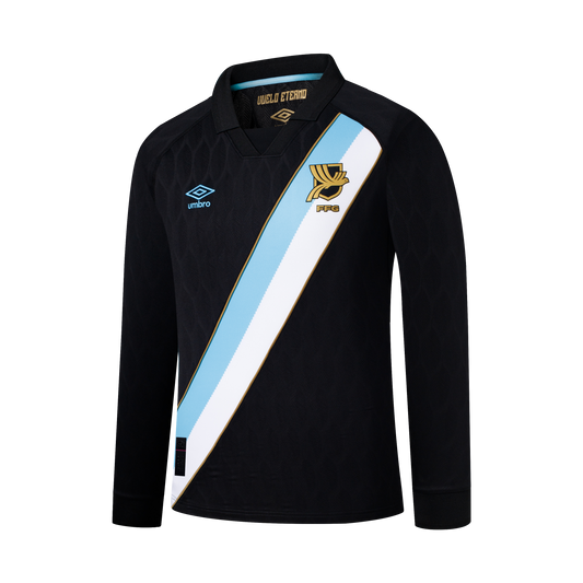 Black long-sleeve Umbro jersey with a diagonal light blue and white sash and gold team crest. The black fabric has a subtle textured pattern.