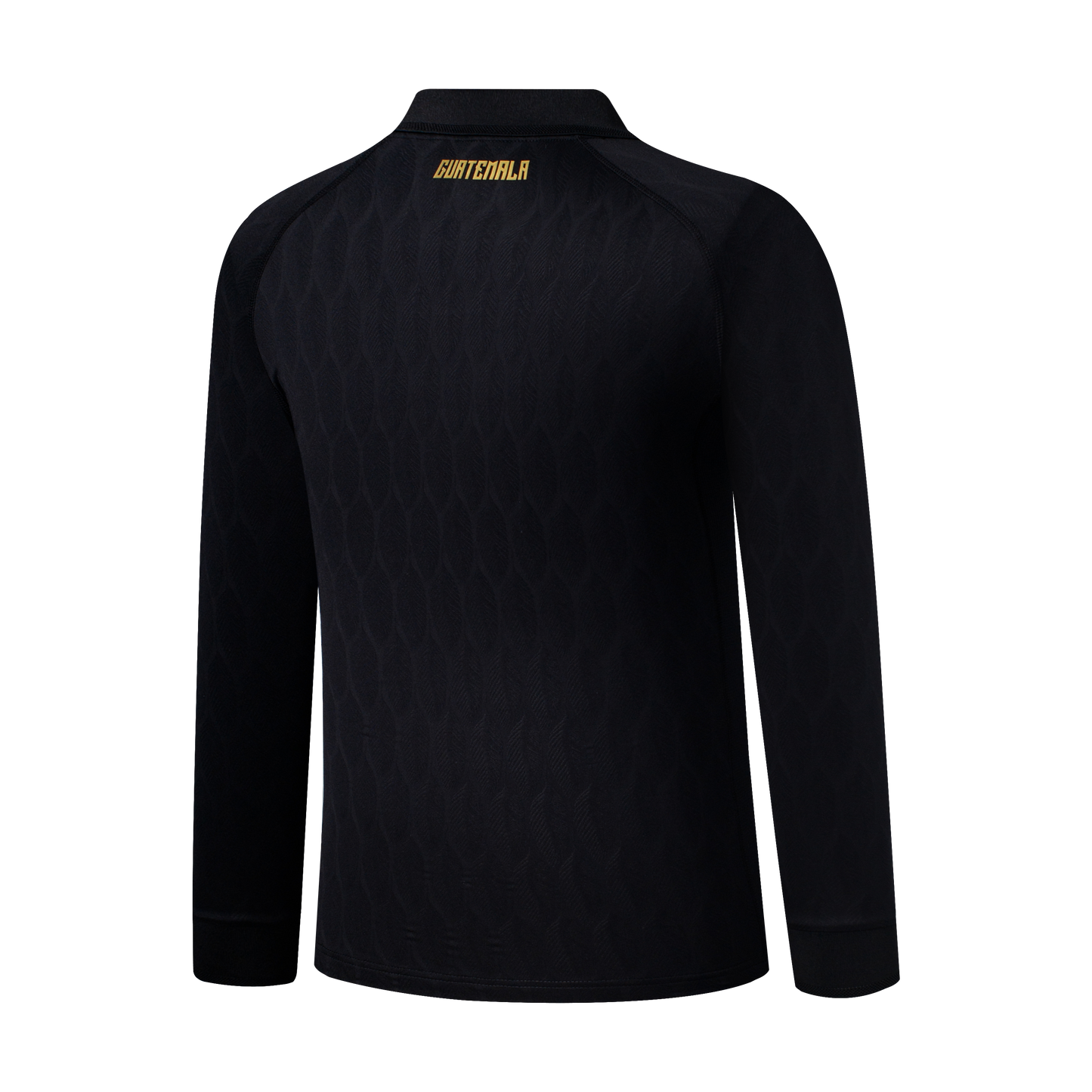 Rear view of a black long-sleeved jersey with gold "GUATEMALA" lettering at the top and a subtle, embossed repeating pattern across the fabric.