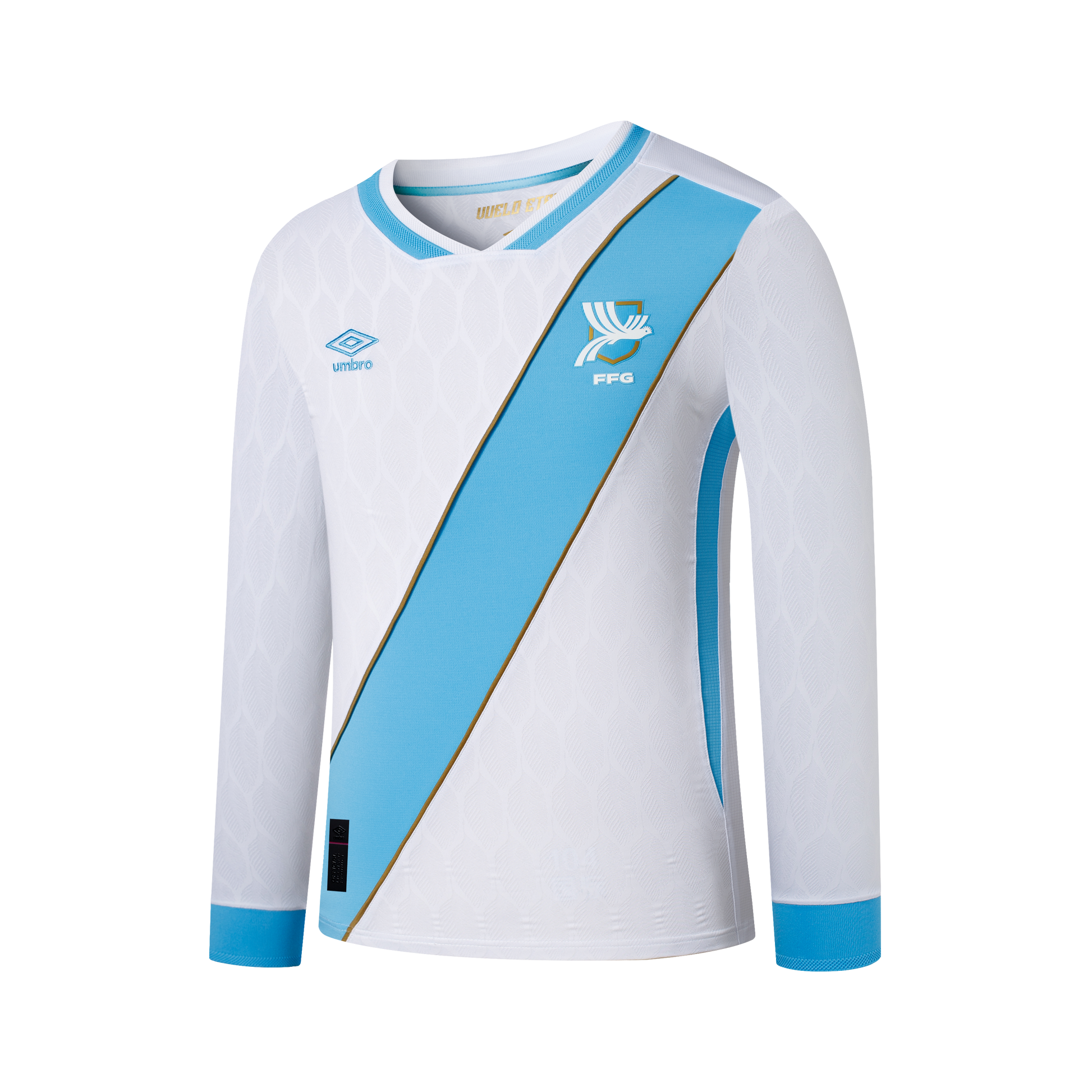 White long-sleeved Umbro soccer jersey featuring a light blue diagonal sash with a gold border, light blue cuffs, and a team crest on the chest.