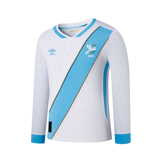 White long-sleeved Umbro soccer jersey featuring a light blue diagonal sash with a gold border, light blue cuffs, and a team crest on the chest.