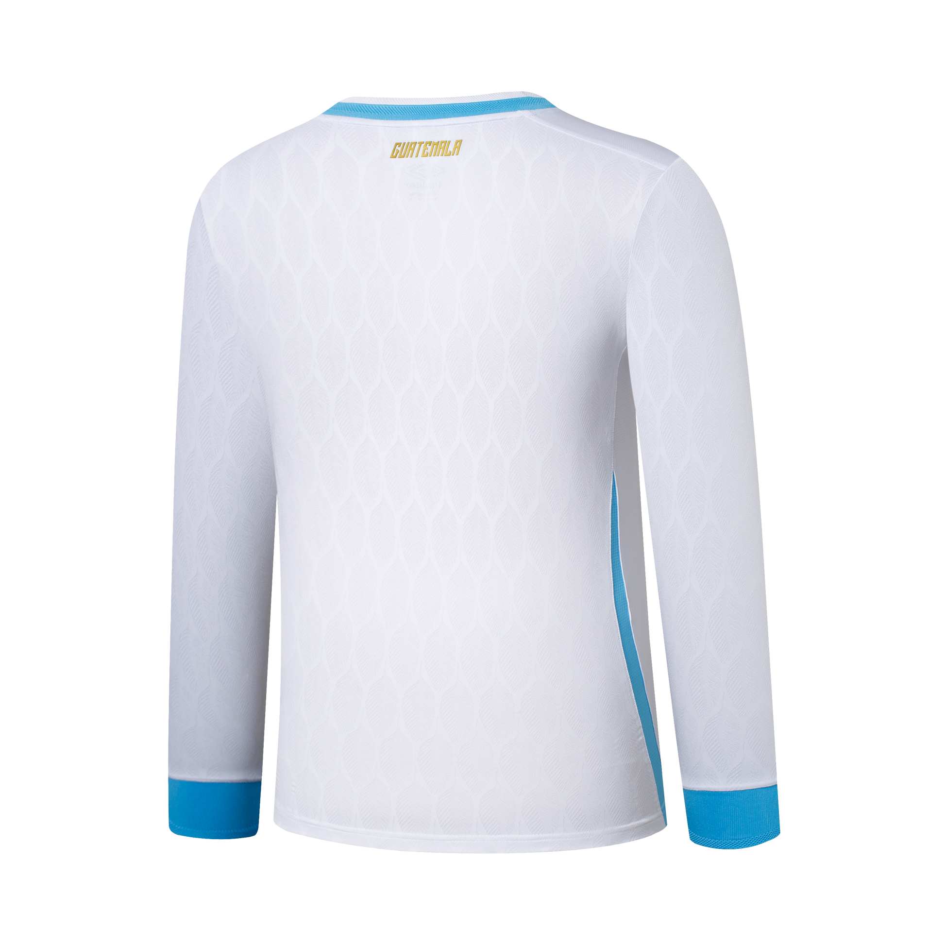 Back view of a white long-sleeve jersey with textured fabric, light blue trim on the collar and cuffs, and gold "GUATEMALA" text below the neckline.
