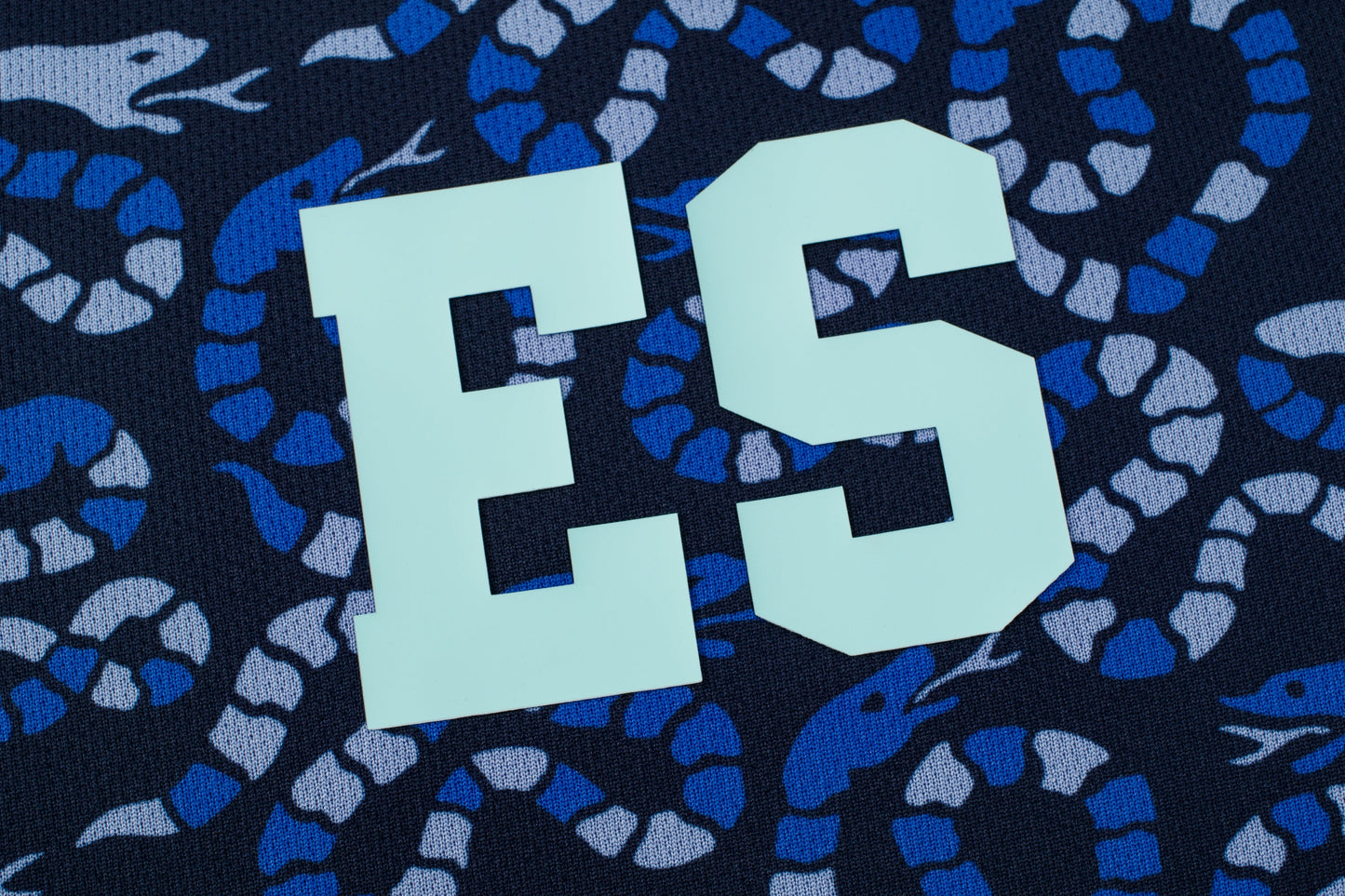 Light blue block letters spelling "ES" against a dark blue fabric background with a pattern of winding blue and light blue snakes.