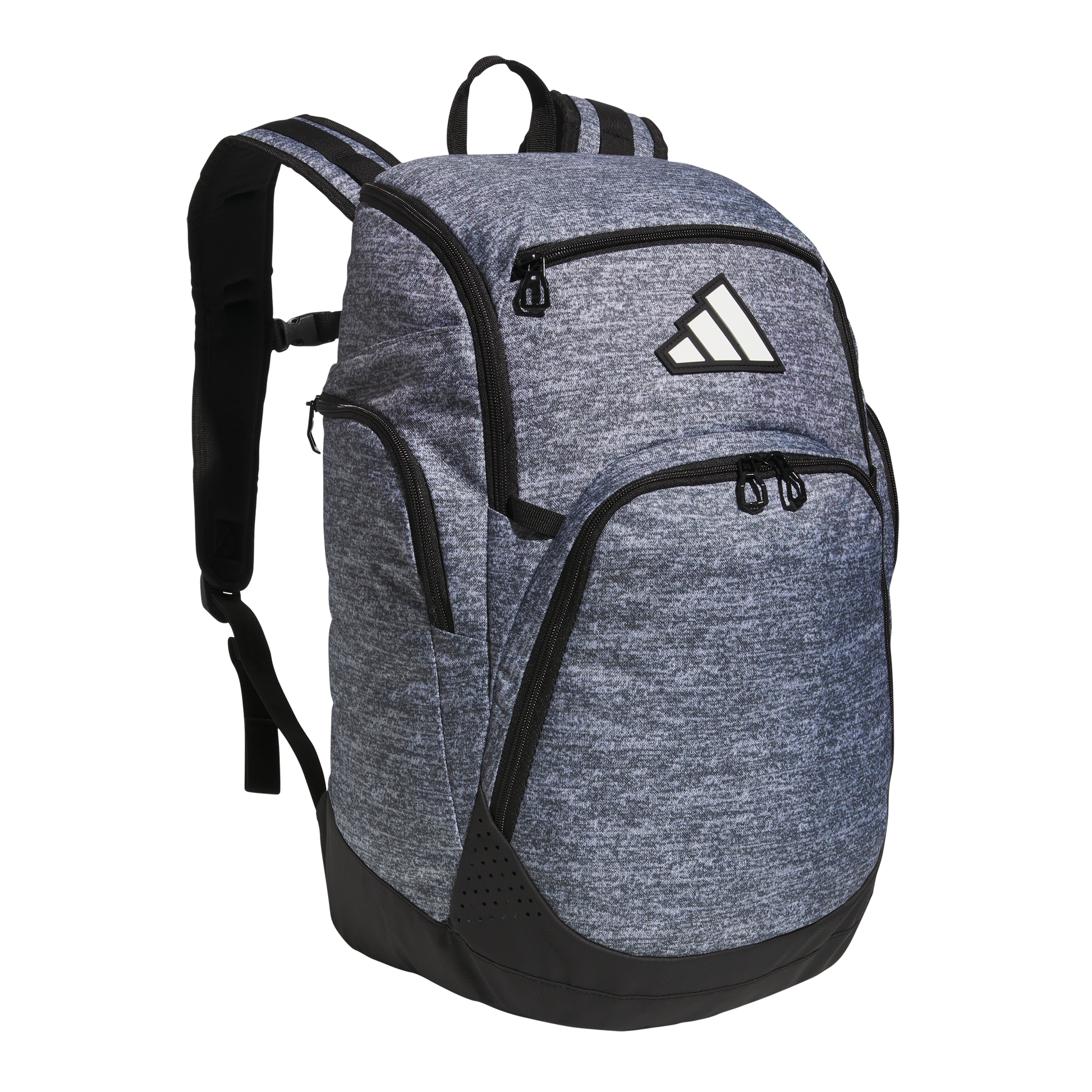 A gray heathered Adidas backpack with black accents, multiple zippered compartments, and a white three-stripe logo on the front.