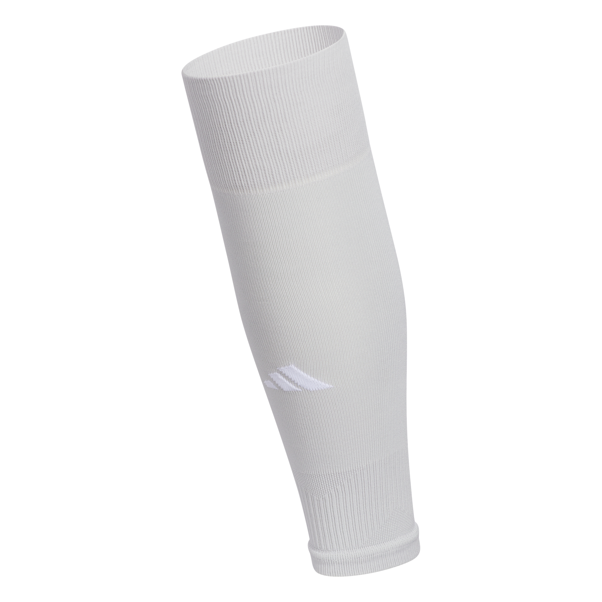 A white Adidas athletic calf sleeve featuring a ribbed knit design and a white logo near the bottom.
