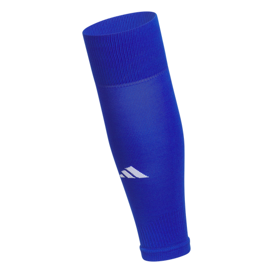 Royal blue Adidas leg compression sleeve featuring a white logo near the ankle and ribbed cuffs at both ends.