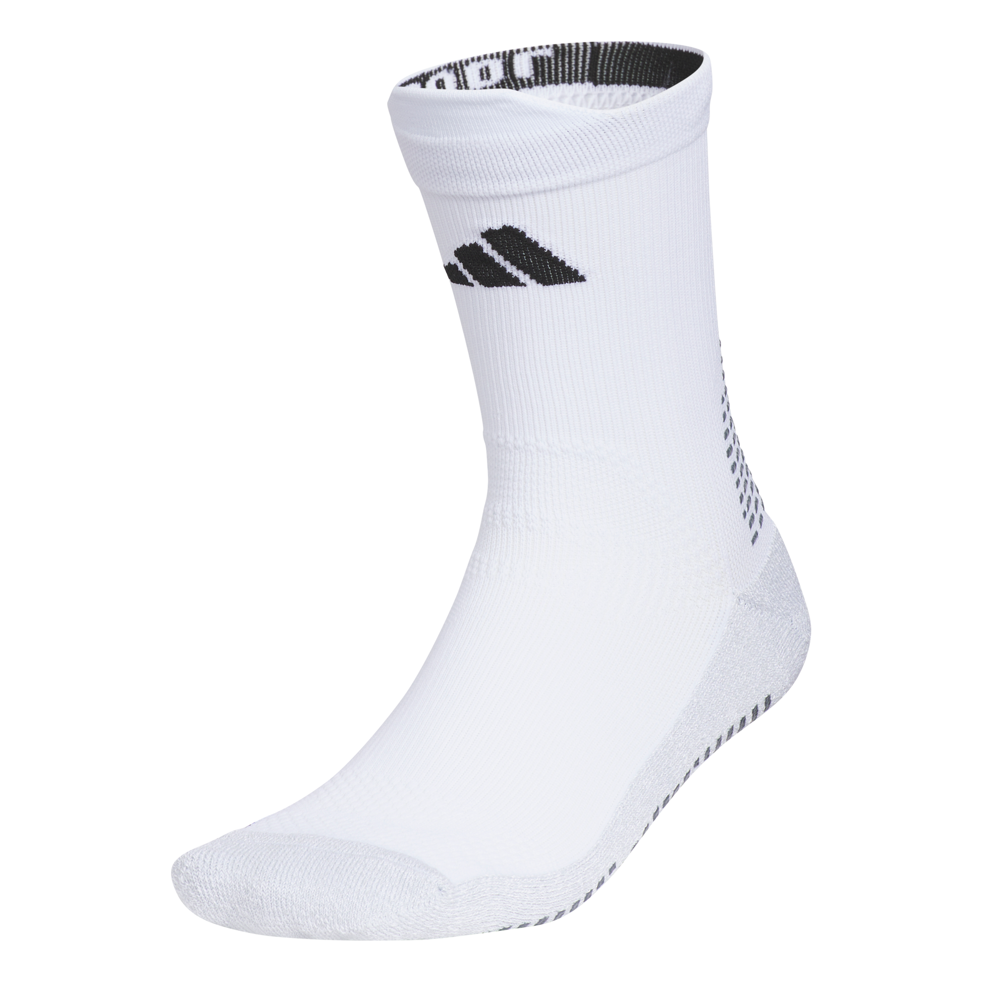 White crew-length Adidas athletic sock with a black logo on the ankle and grey textured grip pads on the heel and sole.