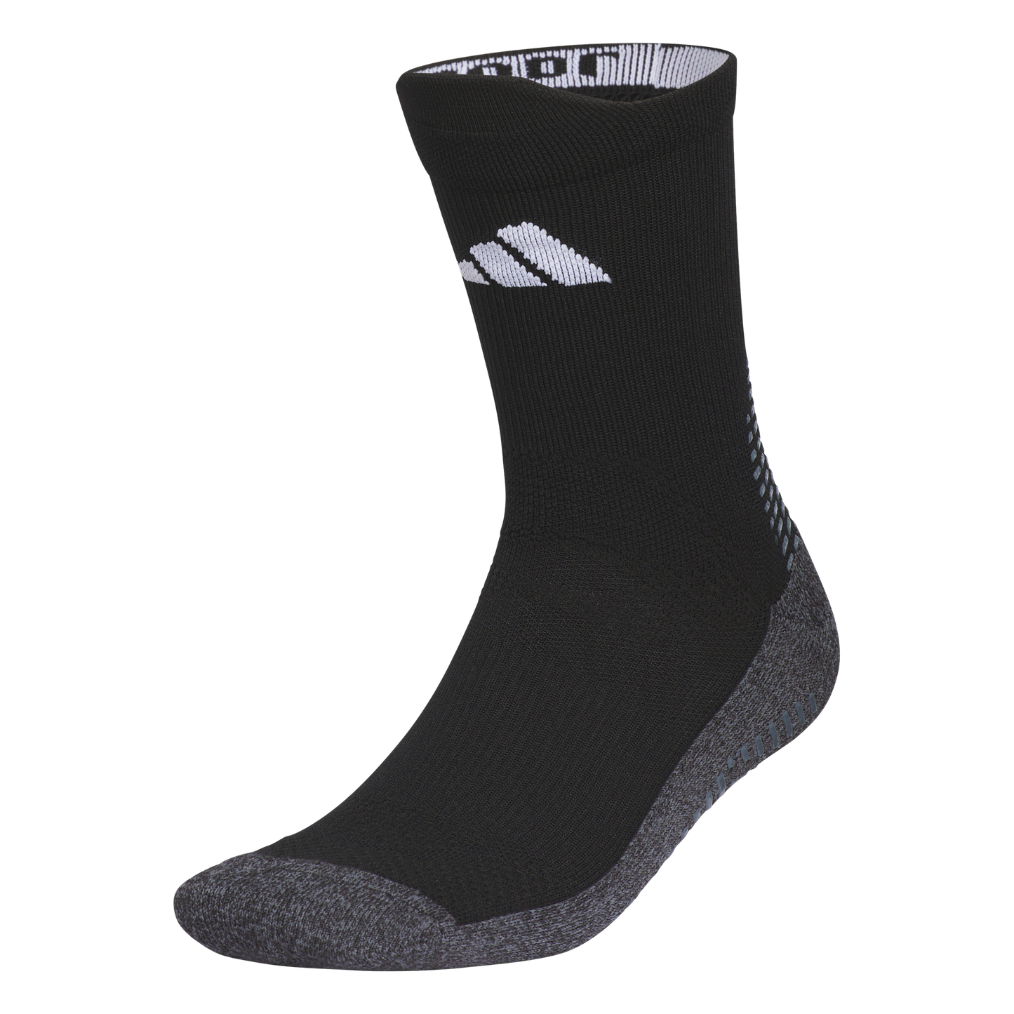 A black crew-length athletic sock with a white mountain logo and grey cushioned heel and toe sections.