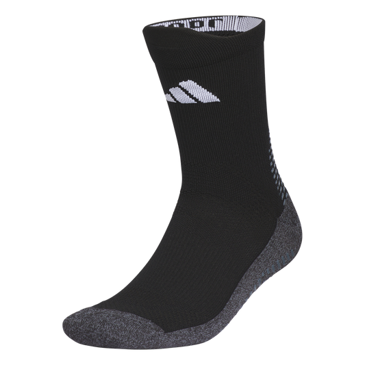 A black crew-length athletic sock with a white mountain logo and grey cushioned heel and toe sections.