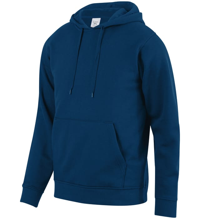 A dark teal hooded sweatshirt featuring a front kangaroo pocket and matching adjustable drawstrings.