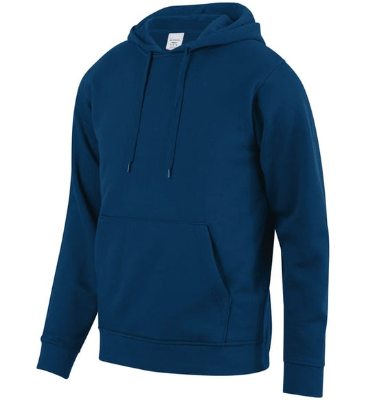 A dark teal hooded sweatshirt featuring a front kangaroo pocket and matching adjustable drawstrings.