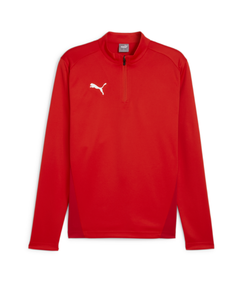 A red Puma quarter-zip long-sleeve athletic top with a white Puma logo on the chest, set against a white background.