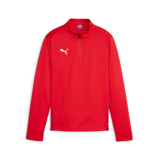 A red long-sleeved Puma quarter-zip athletic pullover featuring a white logo on the chest.