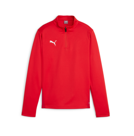 A red long-sleeved Puma quarter-zip athletic pullover featuring a white logo on the chest.