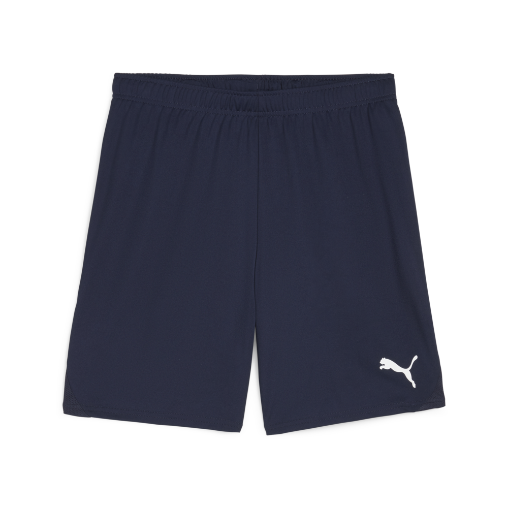 A pair of navy blue Puma Team Goal Shorts featuring an elastic waistband and a white Puma cat logo on the lower right leg.