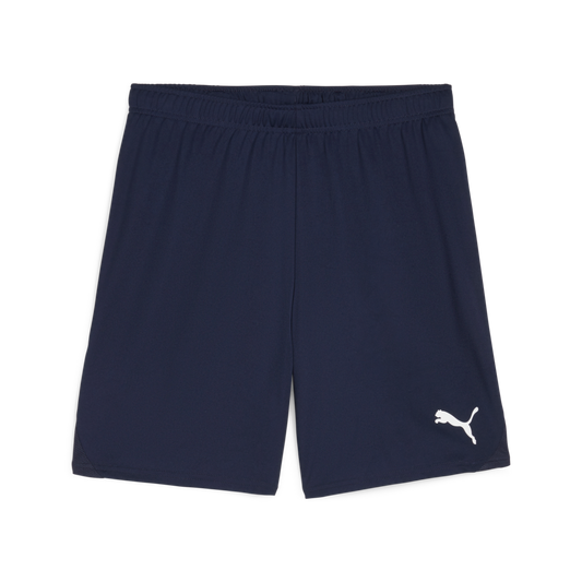 A pair of navy blue Puma Team Goal Shorts featuring an elastic waistband and a white Puma cat logo on the lower right leg.