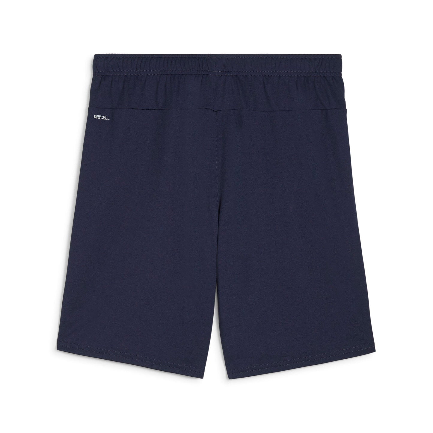 Rear view of Puma Team Goal Shorts - Navy featuring dark blue fabric with an elastic waistband and a small white "DRYCELL" logo on the left hip.