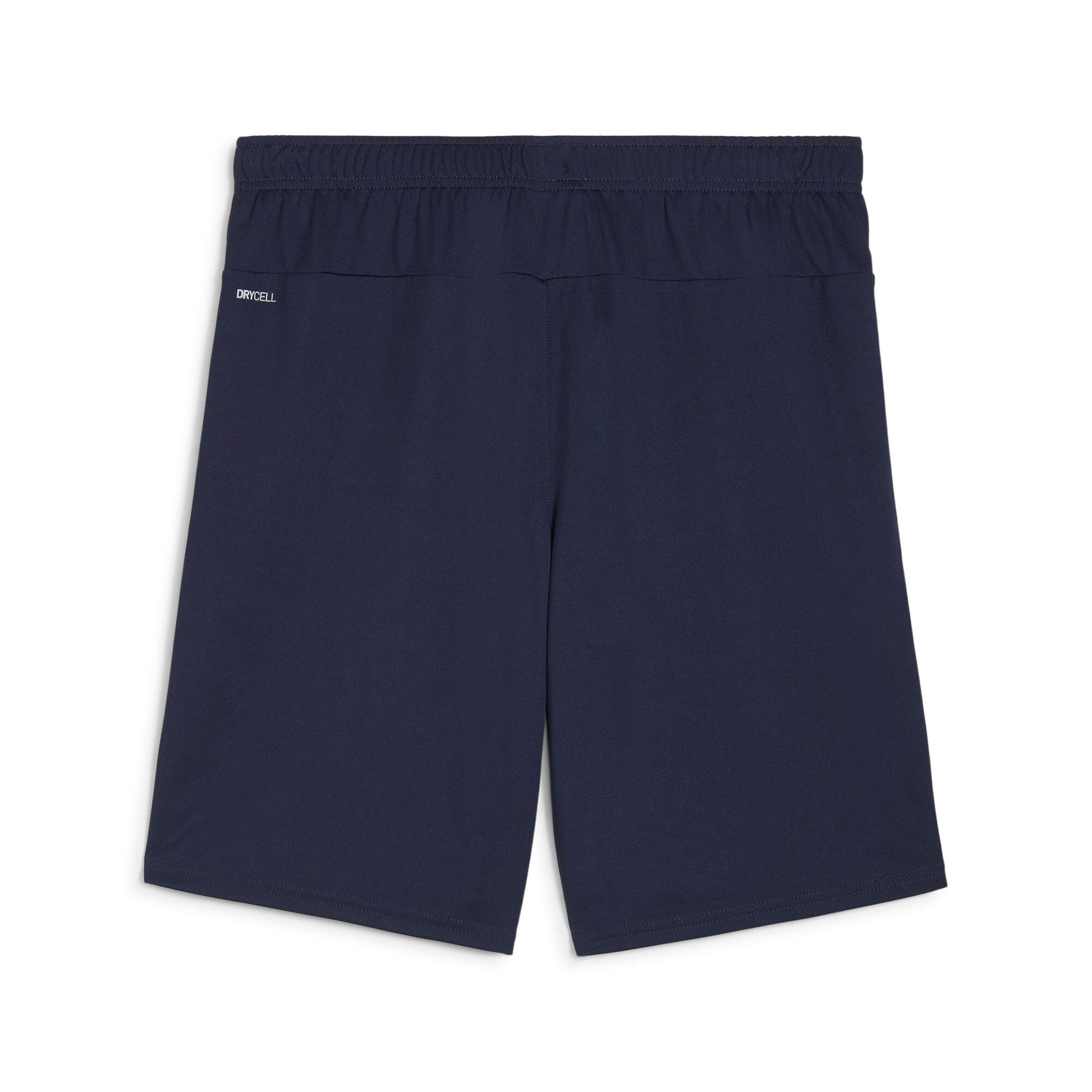 Rear view of Puma Team Goal Shorts - Navy featuring dark blue fabric with an elastic waistband and a small white "DRYCELL" logo on the left hip.
