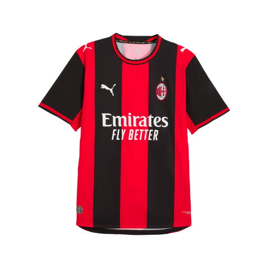 AC Milan home football jersey featuring red and black vertical stripes, with Puma and Emirates logos on the front.