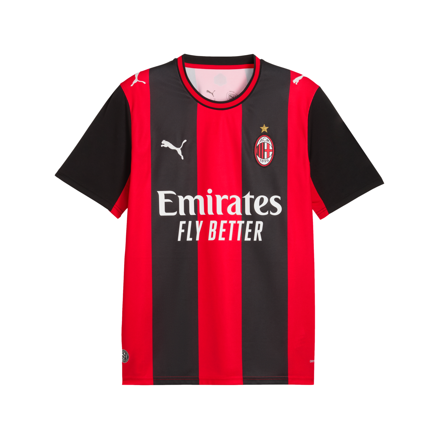AC Milan home football jersey featuring red and black vertical stripes, solid black sleeves, the club crest, and white Puma and Emirates sponsor logos.