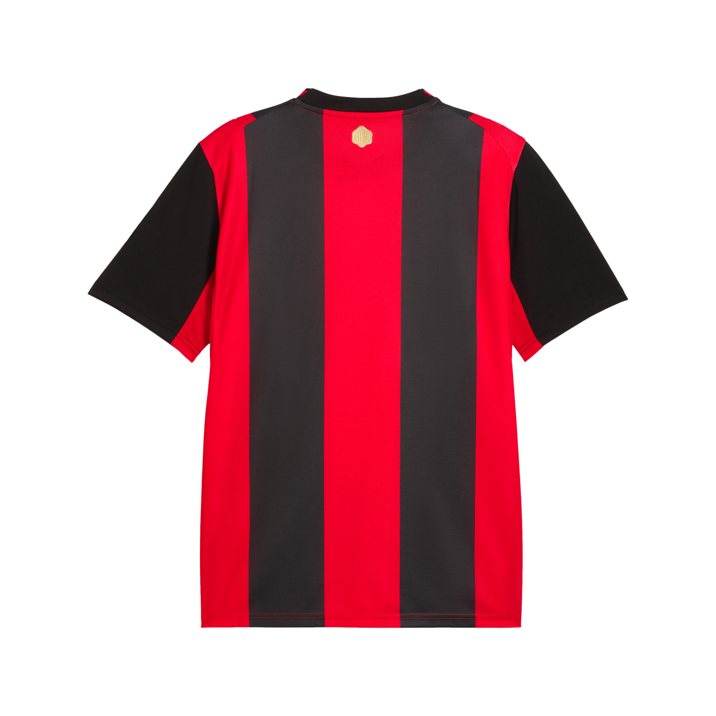 Back view of a red and black vertically striped short-sleeve jersey with a small gold emblem near the collar, set against a plain white background.