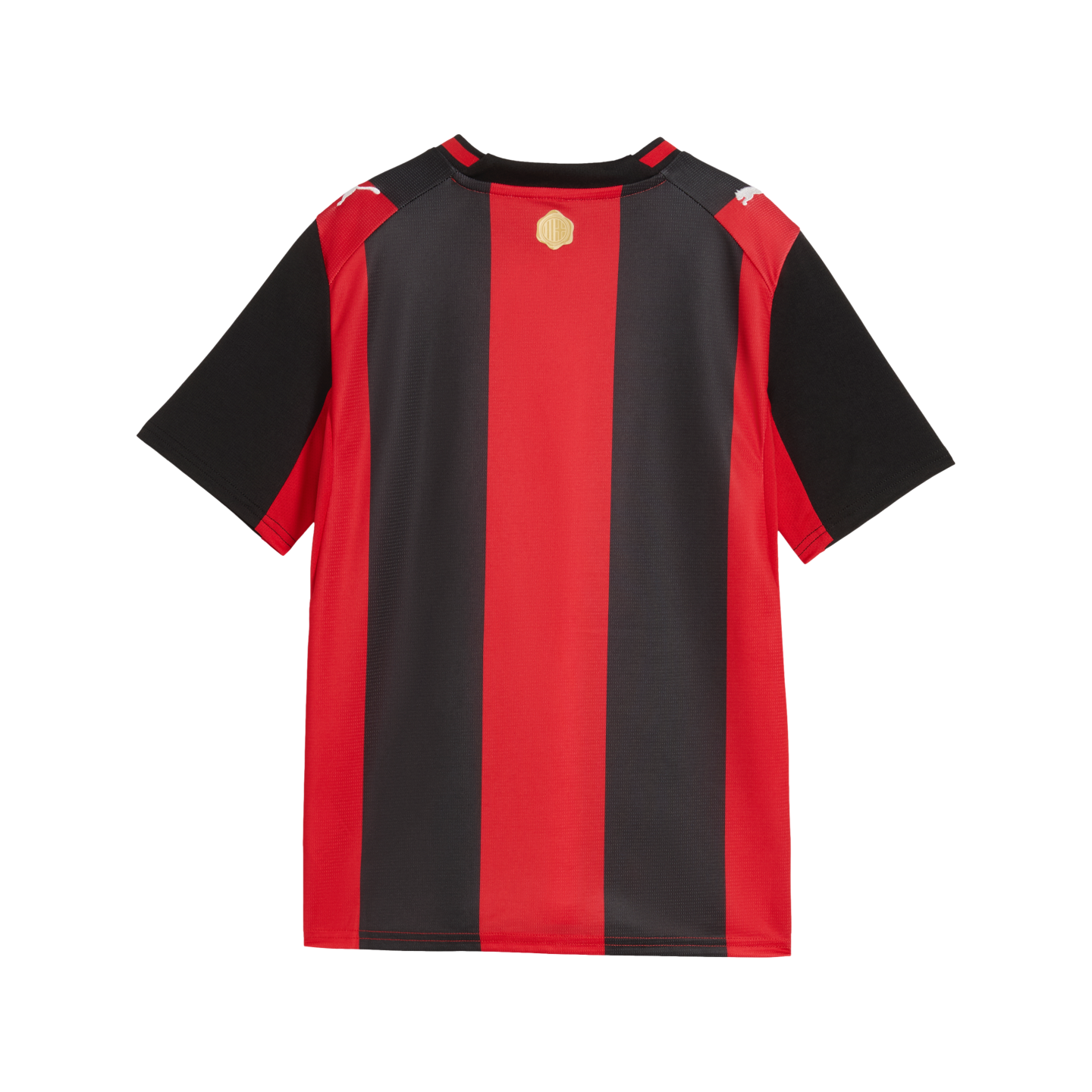Back view of a red and black vertically striped soccer jersey with black sleeves, featuring white Puma logos on the shoulders and a small gold emblem on the back neck.