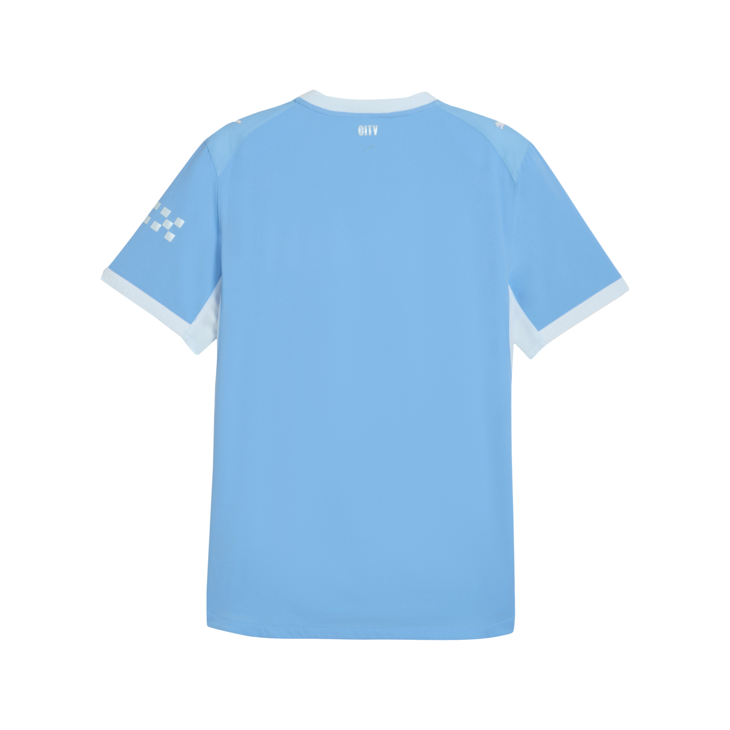 Back view of a sky-blue football jersey with white crew neck, "CITY" text on the upper back, and a white checkerboard graphic on the left sleeve.