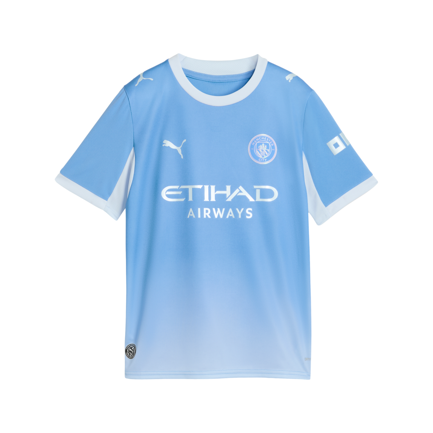 A light blue Manchester City soccer jersey with white trim on the collar and sleeves, featuring silver Puma, Etihad Airways, and club crest logos.