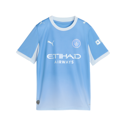 A light blue Manchester City soccer jersey with white trim on the collar and sleeves, featuring silver Puma, Etihad Airways, and club crest logos.
