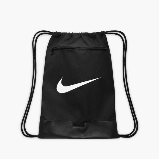 Black Nike drawstring bag featuring a large white swoosh logo and a zippered front pocket.