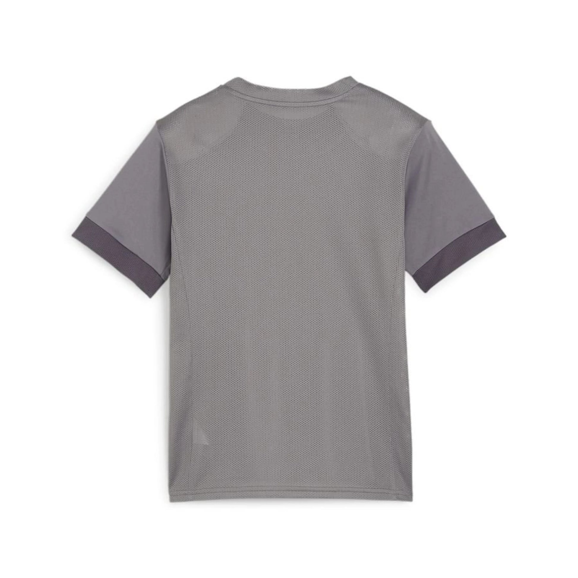 Back view of a grey short-sleeved athletic t-shirt with a breathable mesh back panel and dark grey mesh accents on the sleeve cuffs.