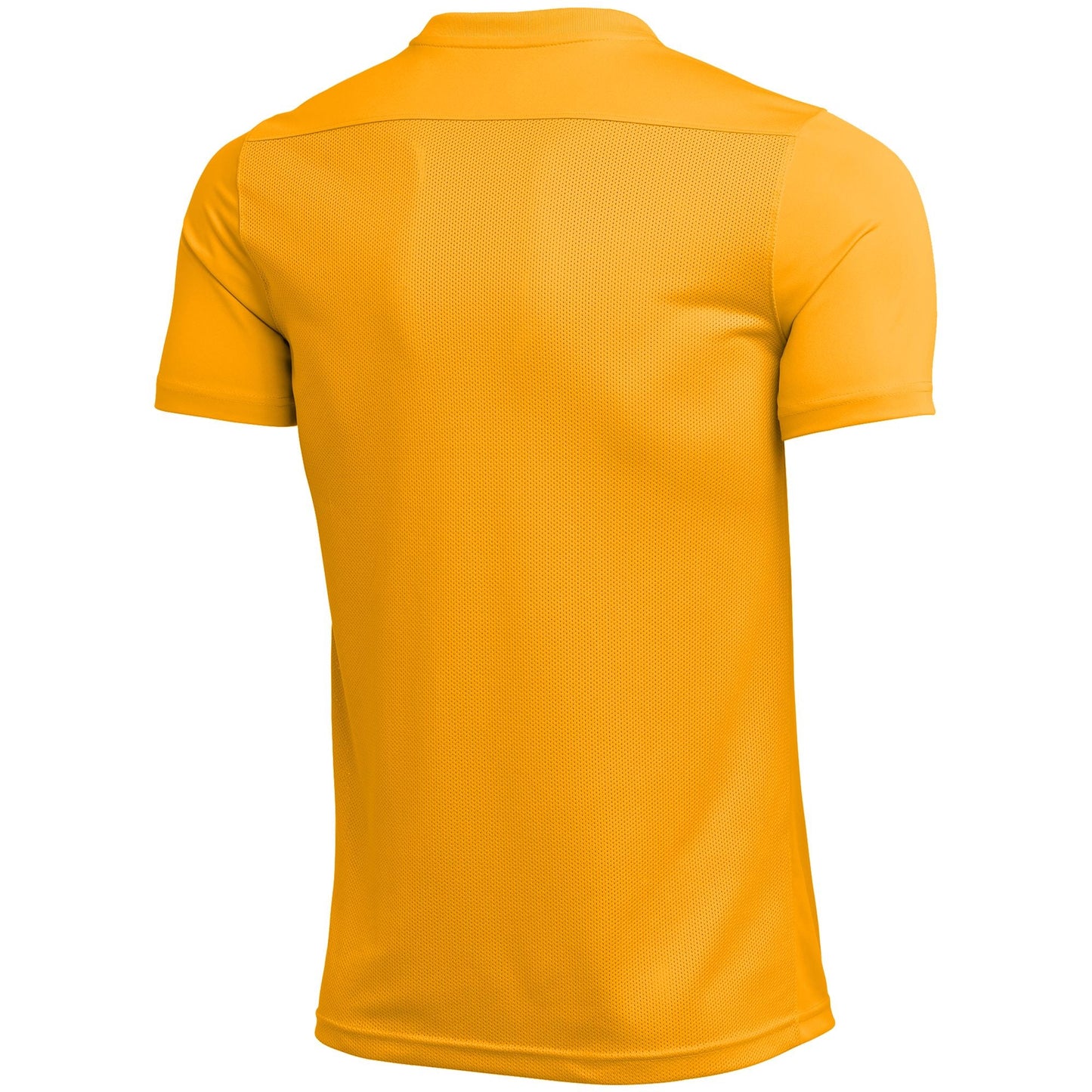 Back view of a bright yellow short-sleeved athletic t-shirt featuring a mesh-textured fabric on the back for breathability.