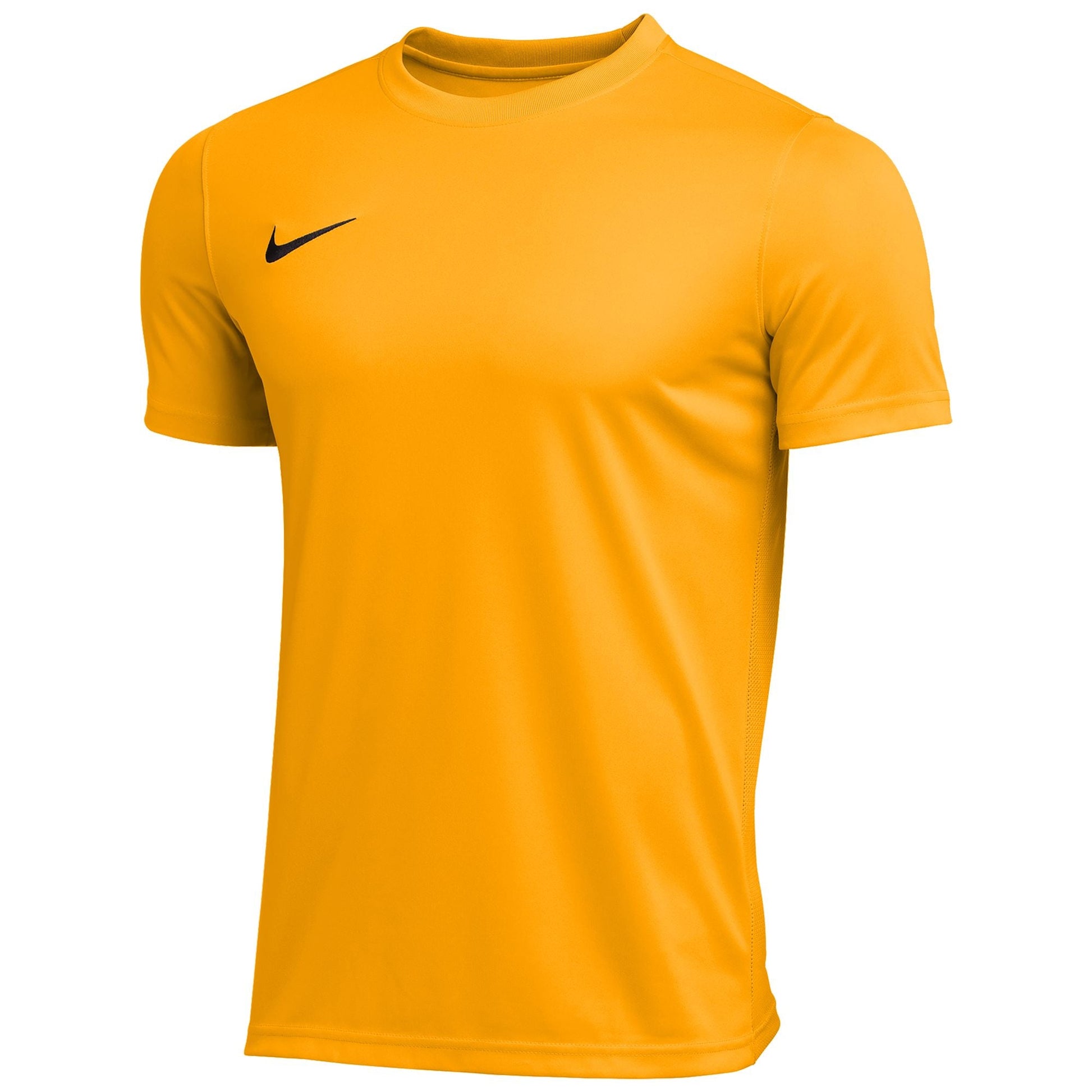A bright orange short-sleeved Nike performance t-shirt featuring a small black swoosh logo on the upper left chest.