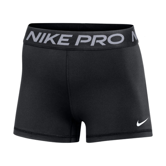 Black Nike Pro athletic compression shorts with a thick waistband reading "NIKE PRO" in grey and a small white swoosh logo on the lower right leg.
